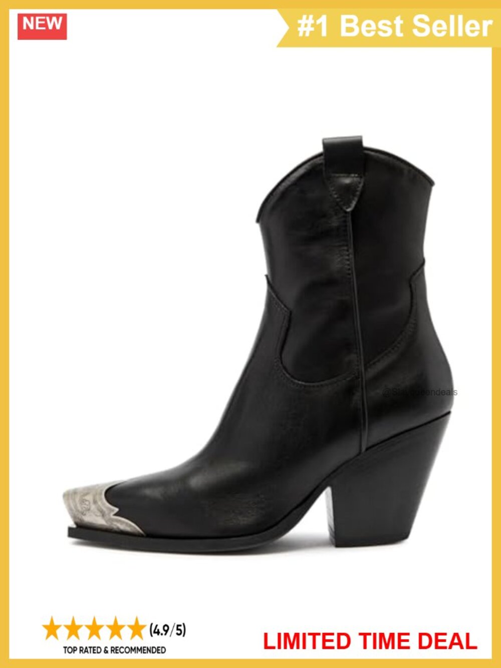 Women's Western Ankle Boots Snip Toe Metal Stacked Block Heel Faux Leather